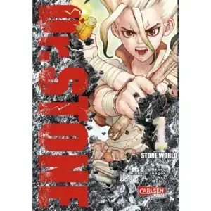 Cover der Dr. Stone Manga Reihe mit Senku und postapokalyptischer Welt