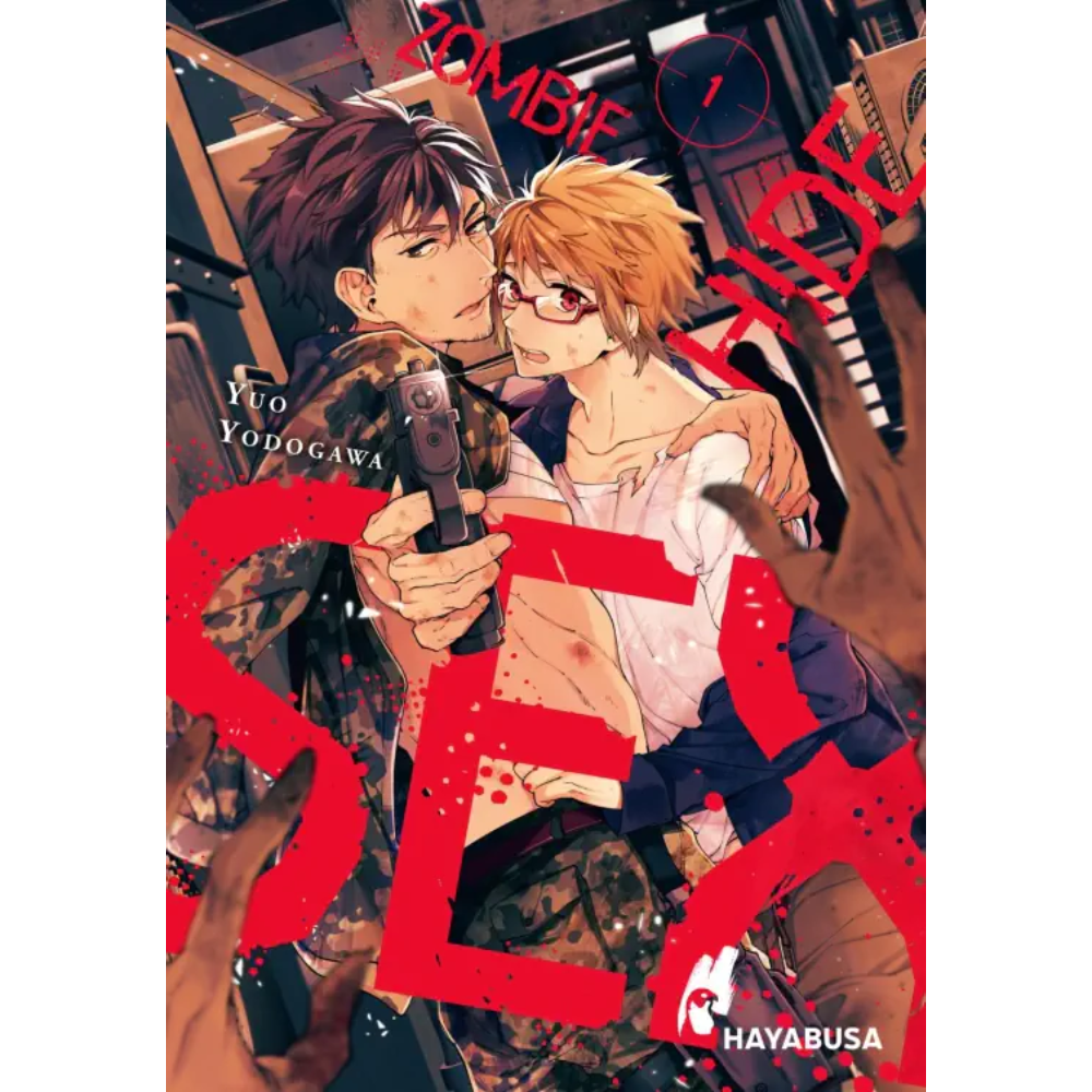 Zombie Hide Sex Manga – Deutsches Cover mit Haruomi und Kazuma im Zombie-Apokalypse-Setting, erwachsener Boys-Love-Horror von Hayabusa Manga