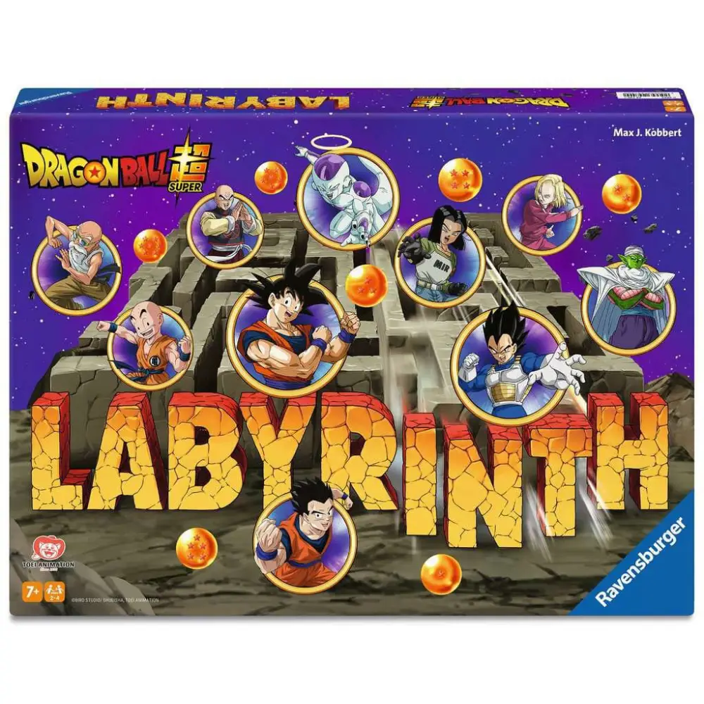 Dragon Ball Super Labyrinth Brettspiel von Ravensburger mit Son Goku, Vegeta und weiteren Charakteren im verschiebbaren Spielplan.