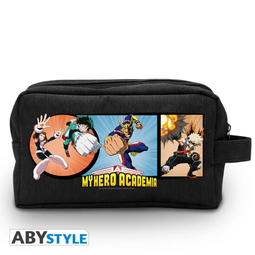 My Hero Academia Kulturtasche Group von ABYstyle in 26 × 14 cm, schwarze Tasche mit Heldenmotiv der Klasse 1-A, offiziell lizenziert.