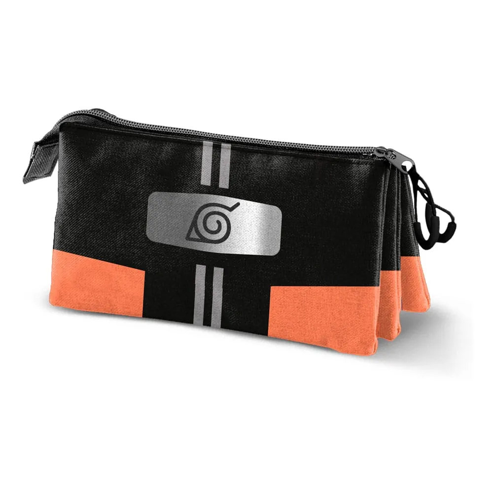 Naruto Triple Pencil Case Konoha Federmäppchen mit drei Fächern, offizielles Naruto-Merch von Karactermania, schwarz-orange 23×11 cm.