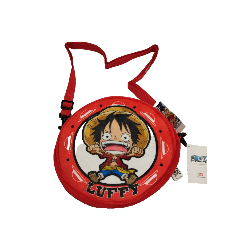 One Piece Plüsch-Umhängetasche Ruffy (22×22 cm) – weiche Umhängetasche im Chibi-Design von Monkey D. Luffy mit verstellbarem Gurt und Reißverschluss.