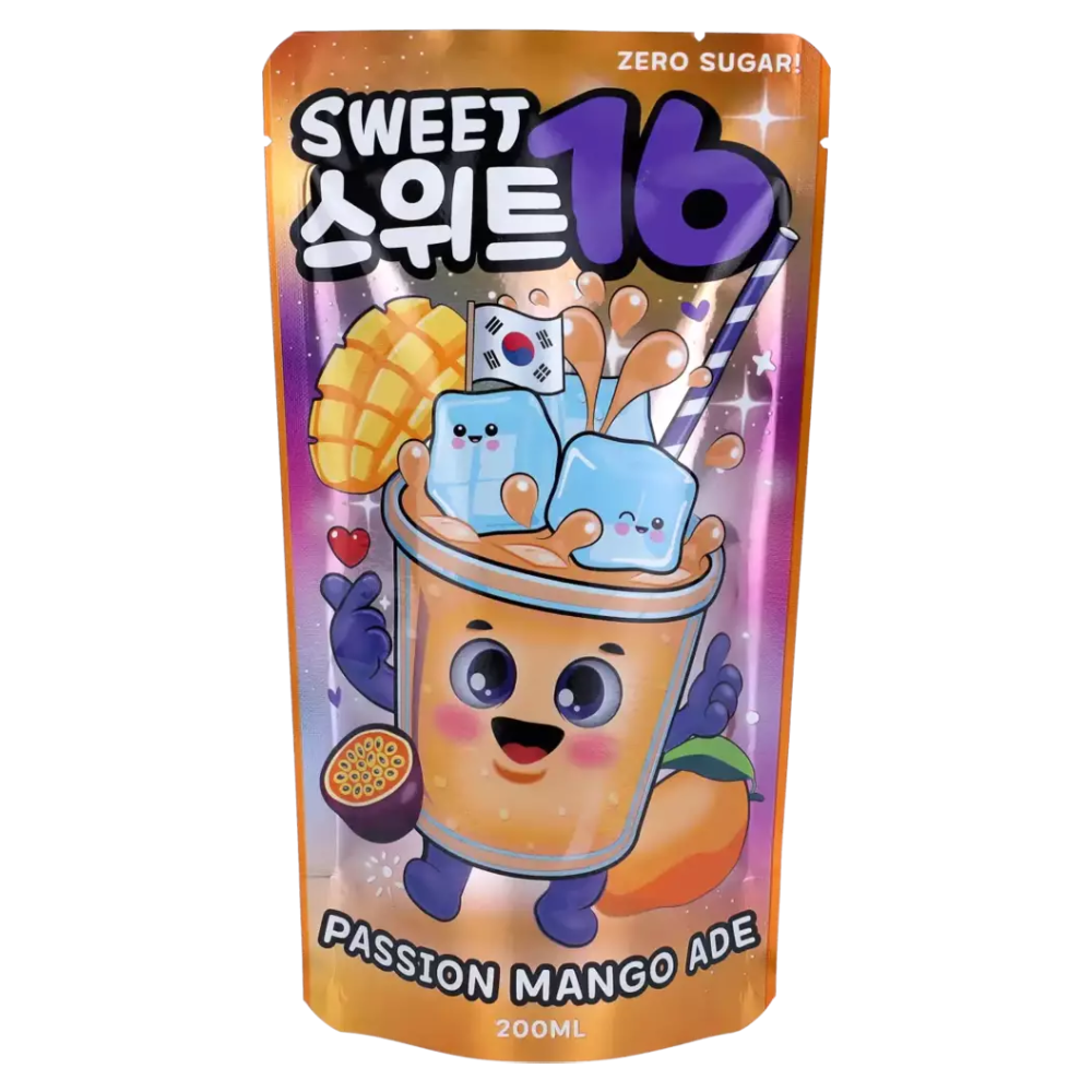 Sweet16 Passion Mango Ade (Zero Sugar) – 200 ml Trinkbeutel, koreanisches zuckerfreies Getränk mit Mango und Passionsfrucht von Sweet16, erfrischend und kalorienarm, ideal über Eis.