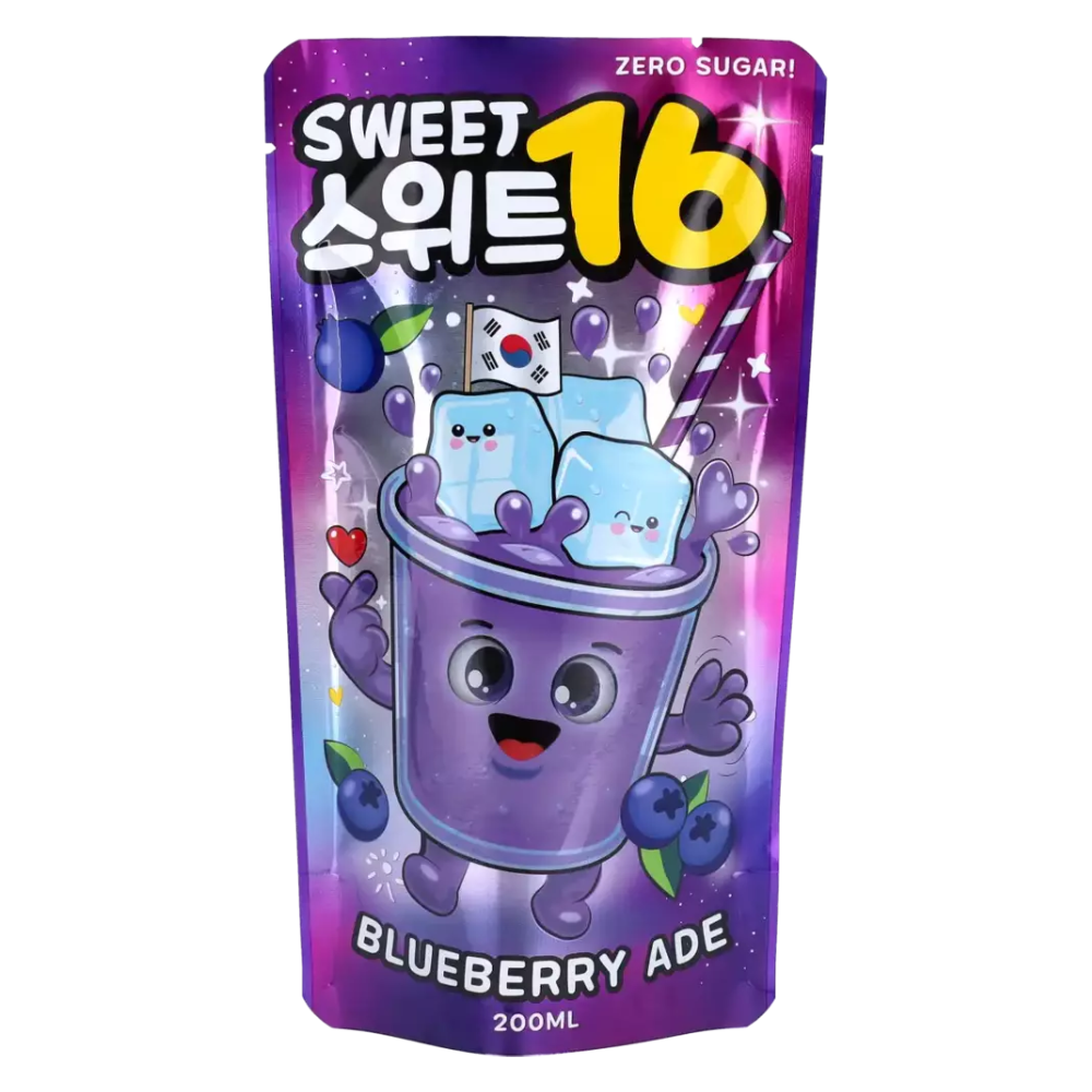 Sweet16 Blueberry Ade (Zero Sugar) – 200 ml Trinkbeutel, koreanisches Blaubeergetränk ohne Zucker von Sweet16, fruchtig, kalorienarm und perfekt über Eis serviert.