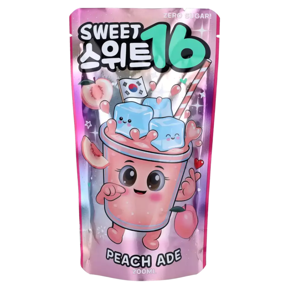 Sweet16 Peach Ade (Zero Sugar) – 200 ml Trinkbeutel, koreanisches Pfirsichgetränk ohne Zucker von Sweet16, fruchtig, kalorienarm und perfekt über Eis serviert.