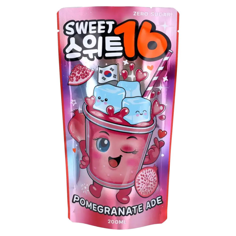 Sweet16 Pomegranate Ade (Zero Sugar) – 200 ml Trinkbeutel, koreanisches Granatapfelgetränk ohne Zucker von Sweet16, fruchtig, kalorienarm und perfekt über Eis serviert.