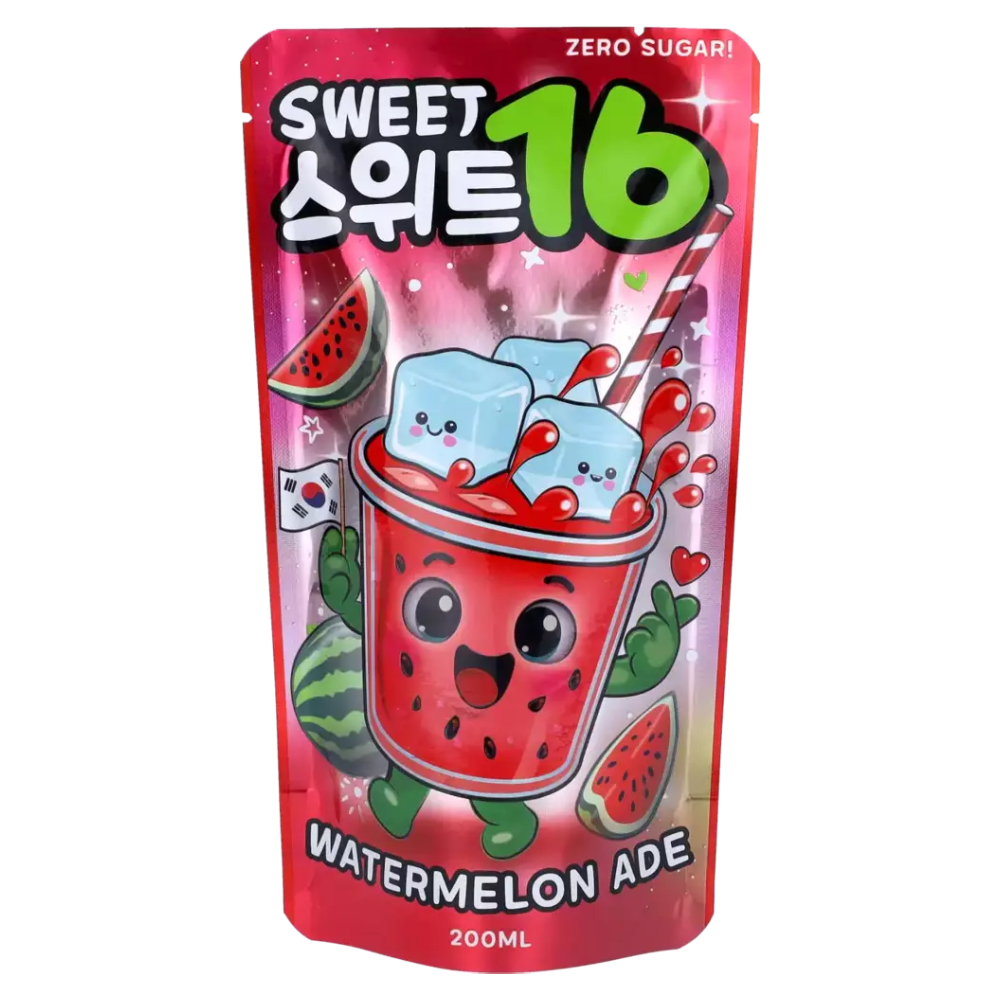 Sweet16 Watermelon Ade (Zero Sugar) – 200 ml Trinkbeutel, koreanisches Wassermelonengetränk ohne Zucker von Sweet16, fruchtig, kalorienarm und perfekt über Eis serviert.