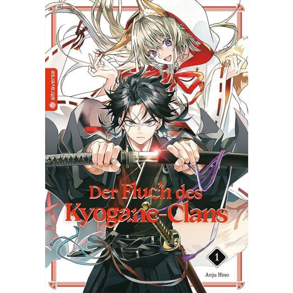 Cover des Manga Der Fluch des Kyogane-Clans – Band 1. Im Vordergrund steht ein junger Schwertkämpfer mit schwarzen, zerzausten Haaren und ernstem Blick, der ein Katana mit beiden Händen zieht. Hinter ihm schwebt eine fröhlich lächelnde, fuchsartige Gestalt mit blonden Haaren, Fuchsohren und einem weißen Kimono mit rotem Muster. Der Hintergrund zeigt stilisierte rote Linien und Muster, die an traditionelle japanische Motive erinnern und die Dynamik der Szene betonen.