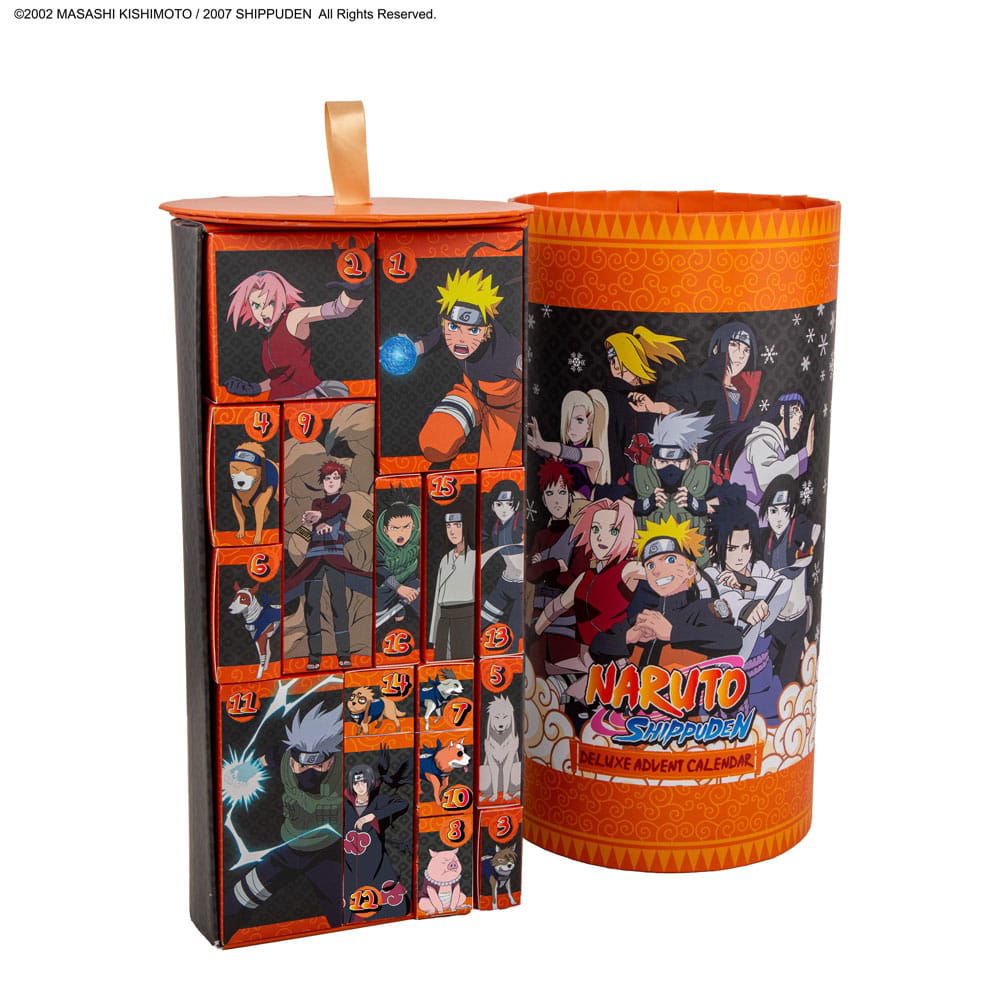 Naruto Adventskalender Deluxe 2025 mit 24 offiziellen Überraschungsartikeln, Fan-Merch wie Stirnband, Schlüsselanhänger, Socken und mehr.