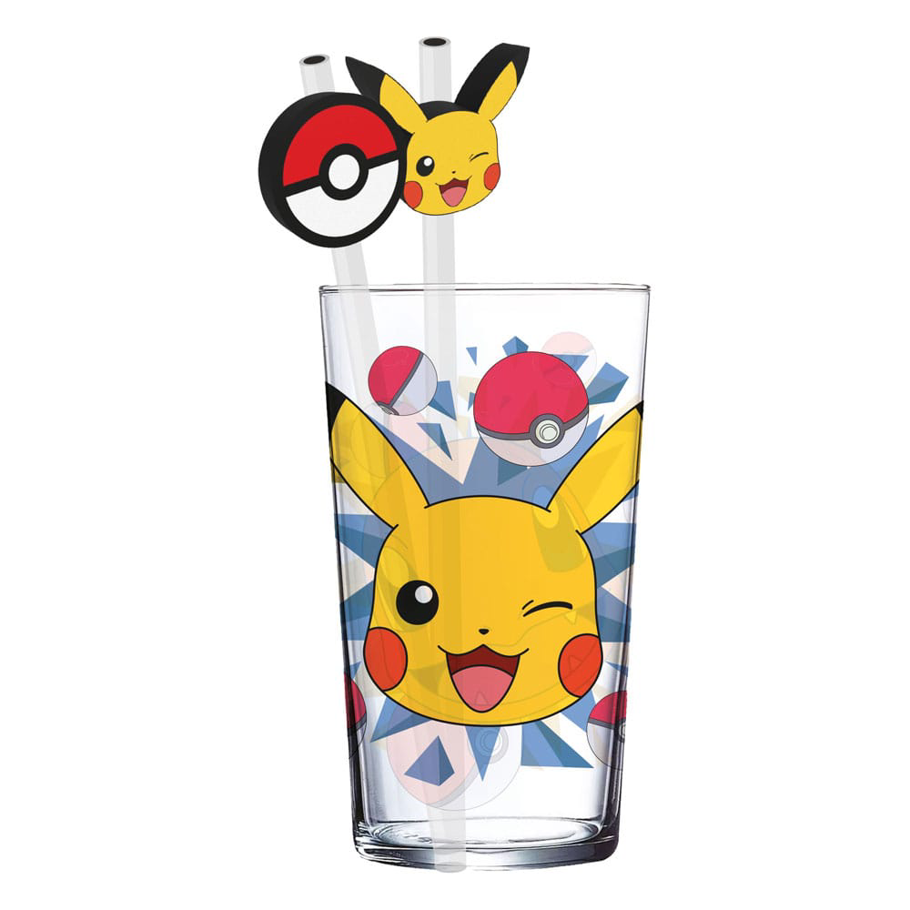 Pokémon Glas Tumbler mit Pikachu-Motiv, 485 ml Fassungsvermögen, inklusive Metallstrohhalmen, offiziell lizenziertes Produkt von Stor S.L.