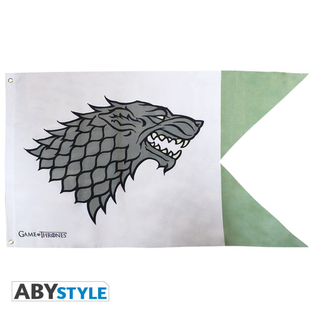 Game of Thrones Flagge Haus Stark 70×120 cm – offizielle ABYstyle Wandflagge mit Direwolf-Wappen, beidseitig bedruckt.