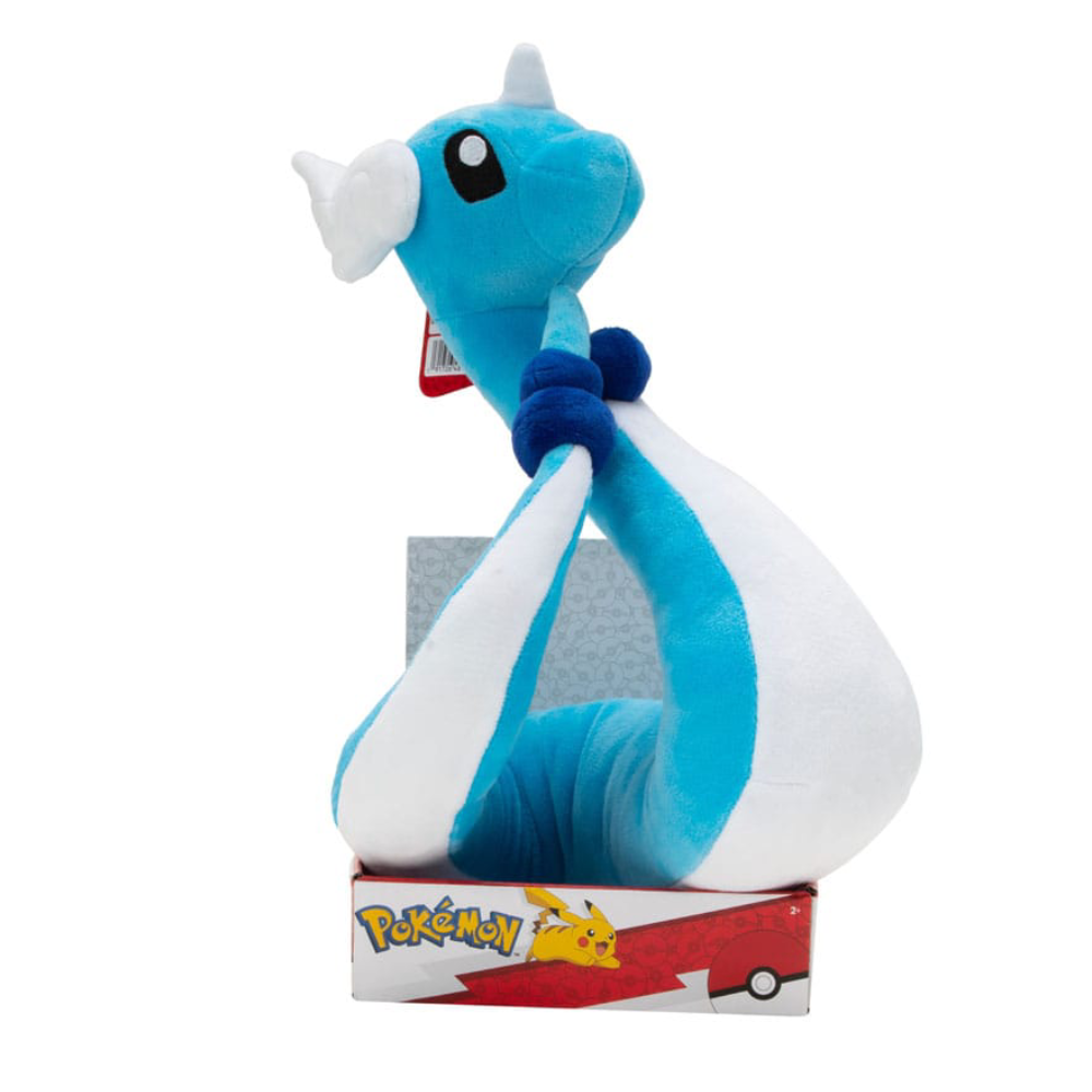 Pokémon Plüschfigur Dragonir von Jazwares, weiches Detail-Plüschtier in Blau-Weiß mit Perlenakzenten, offiziell lizenziert.